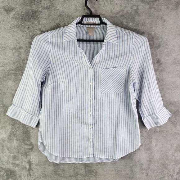 Womens Chicos Striped Shirt Blouse Button Up 100% Linen 3/4 Sleeve Size 1 (S) - Picture 2 of 11